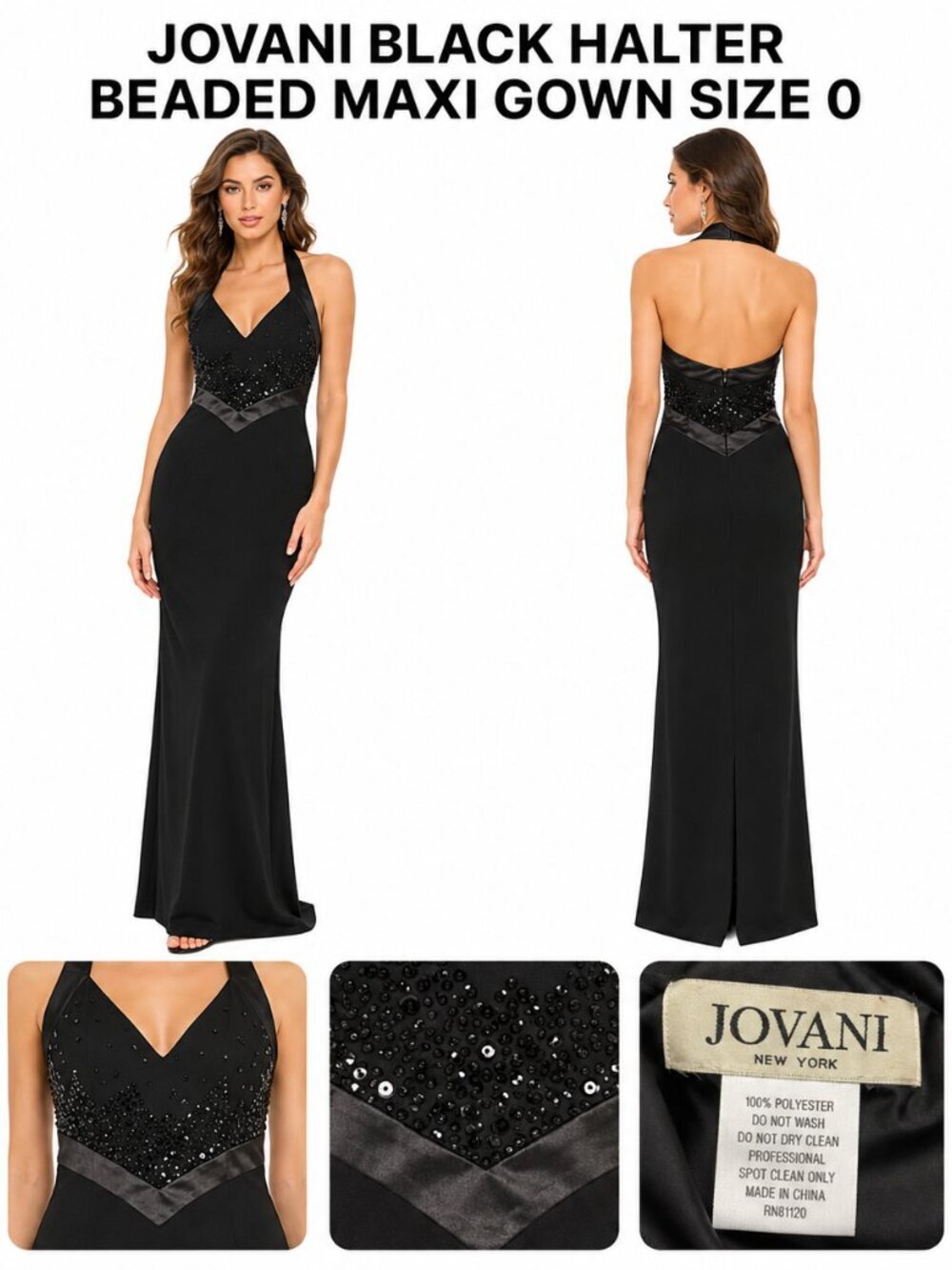 JOVANI Vintage BLACK HALTER BEADED MAXI GOWN SIZE 0